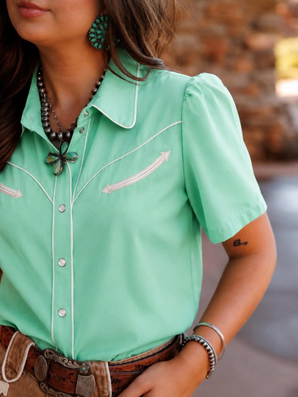 Howdy Hanny NEW Mint Green Retro Western Rodeo Pearl Snap Cowgirl Shirt SZ XL